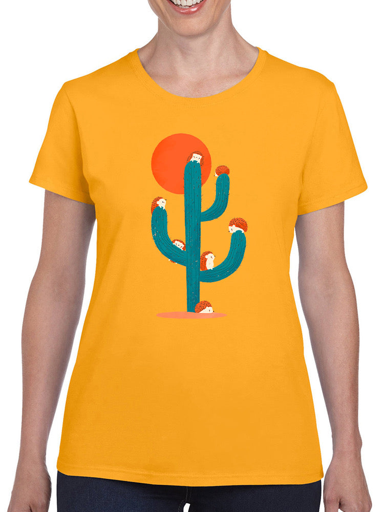 Hedgehogs on a cactus T-shirt by Jay Fleck Designs, featuring playful animal and plant illustration on apparel.