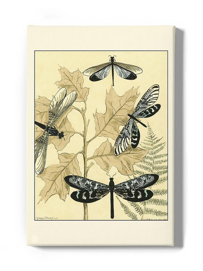 Spa dragonflies in nature wall art by Megan Meagher Designs, featuring colorful dragonfly illustrations on a natural background.