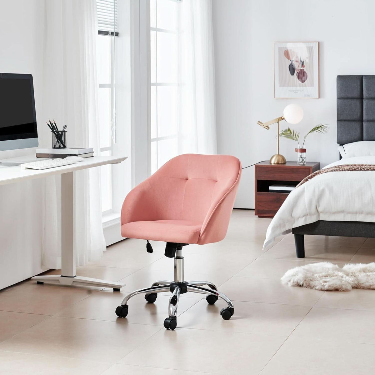 Pink Velvet Desk Chair With Swivel Office Chair Modern