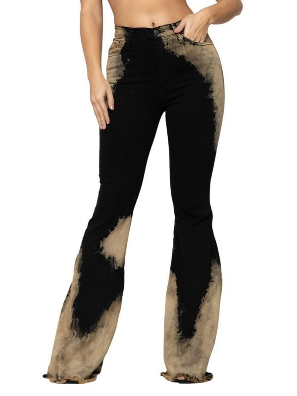 Jade Icarus bleach bum bell bottom pants with 30-inch inseam, featuring wide-leg style and distressed denim details.