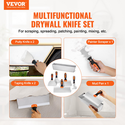 Start2Finish drywall knife set with 6 stainless steel tools including scrapers, putty knives, taping knives, and a mud pan.