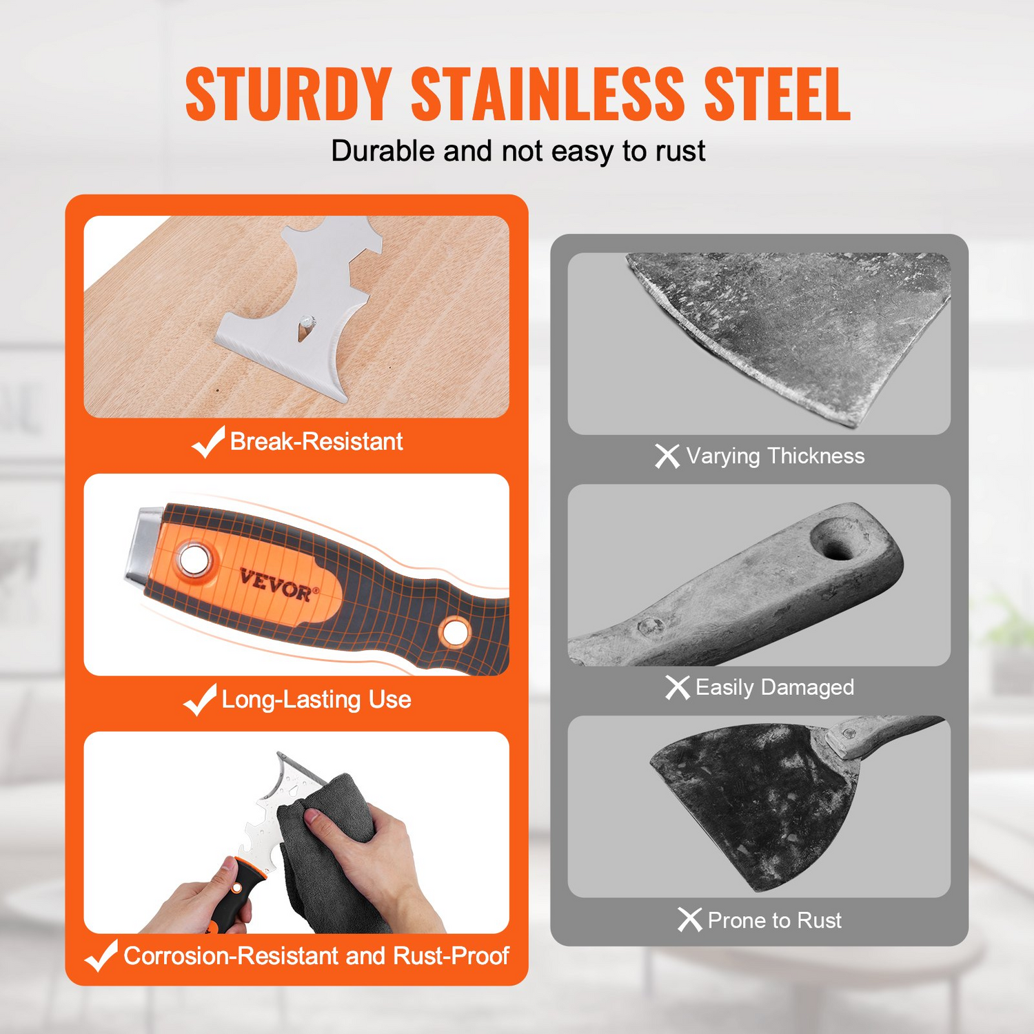 Start2Finish VEVOR drywall knife set with 6 stainless steel tools, including scrapers, putty knives, taping knives, and a mud pan.
