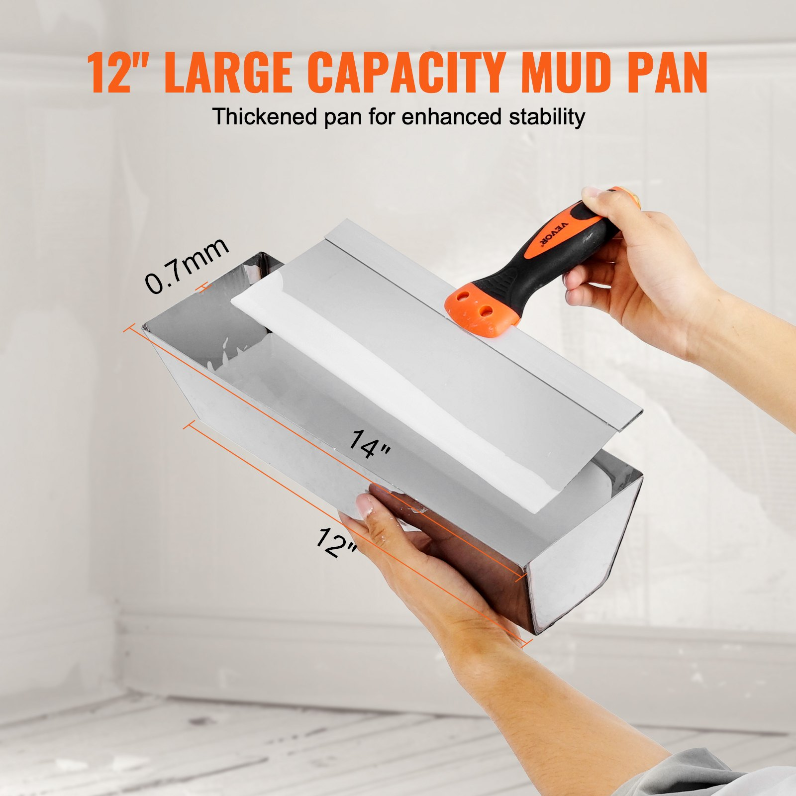 Start2Finish drywall knife set with six stainless steel tools including scrapers, putty knives, taping knives, and a 12-inch mud pan.