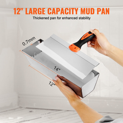 Start2Finish drywall knife set with six stainless steel tools including scrapers, putty knives, taping knives, and a 12-inch mud pan.