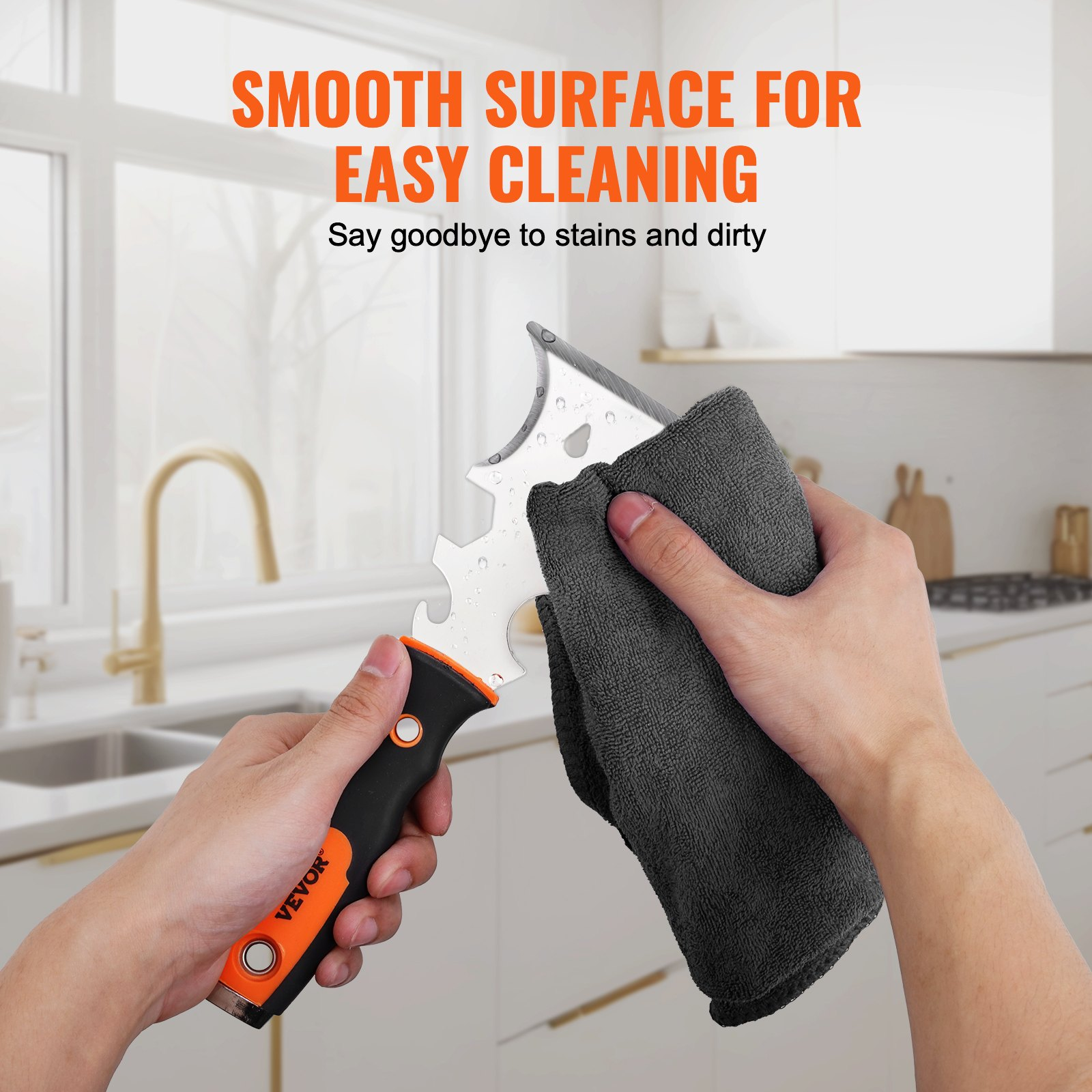 Start2Finish VEVOR drywall knife set with six stainless steel tools including putty knives, taping knives, scraper, and mud pan.