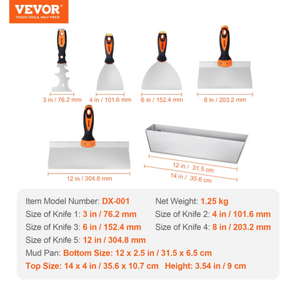 Start2Finish VEVOR drywall knife set with 6 stainless steel tools including scrapers, putty knives, taping knives, and mud pan.