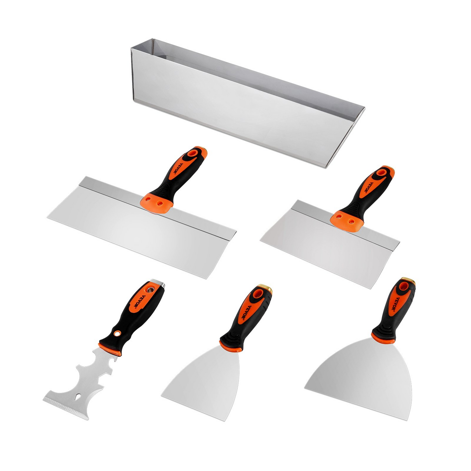 Start2Finish drywall knife set with 6 stainless steel tools including scrapers, putty knives, taping knives, and a mud pan.