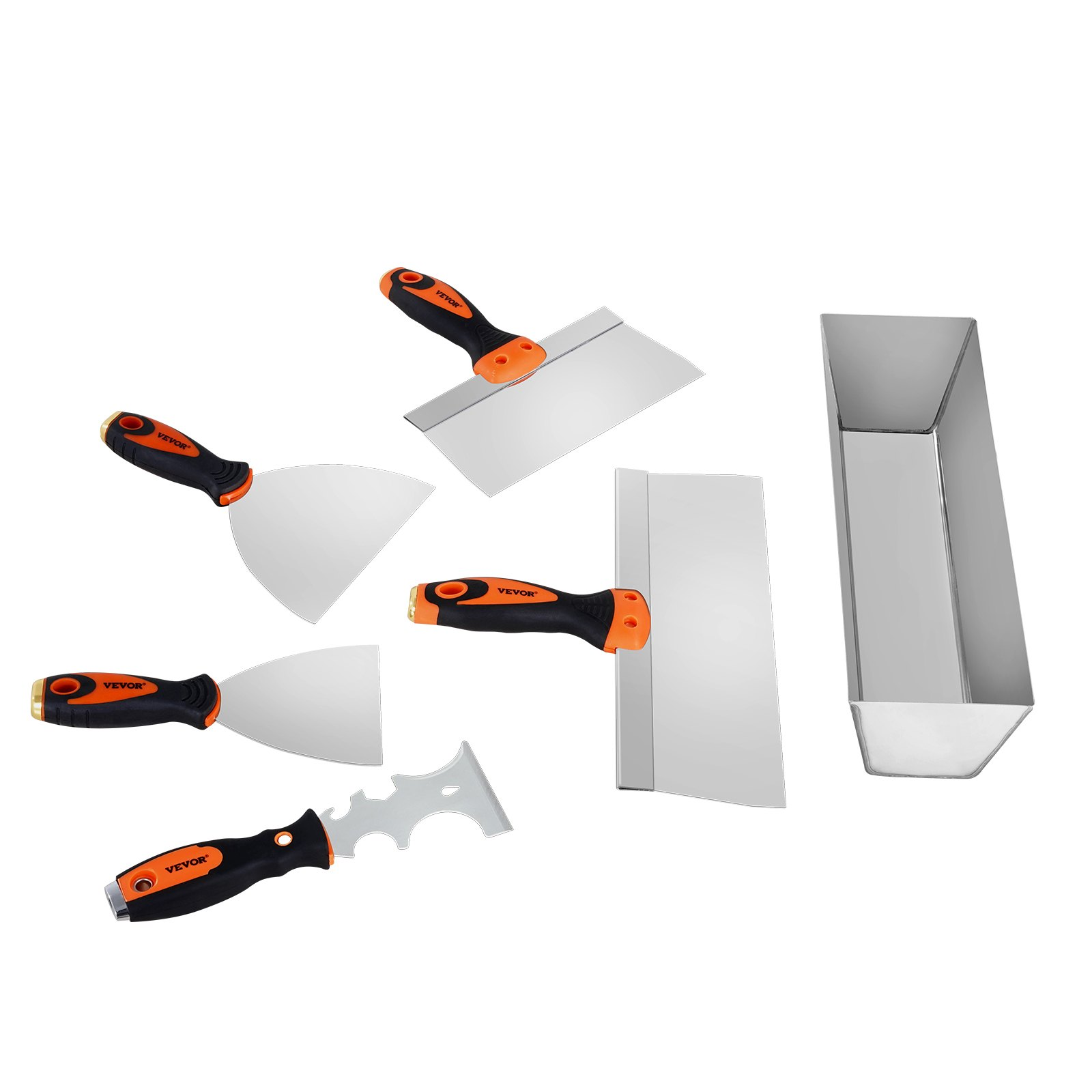 Start2Finish drywall knife set with 6 stainless steel tools including scrapers, putty knives, taping knives, and a mud pan.