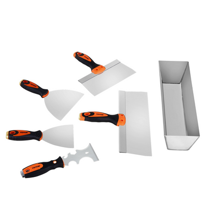 Start2Finish drywall knife set with 6 stainless steel tools including scrapers, putty knives, taping knives, and a mud pan.