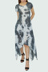 Black short sleeve tie dye print dress by Yellow Hera, casual clothing with vibrant, swirling tie dye pattern.