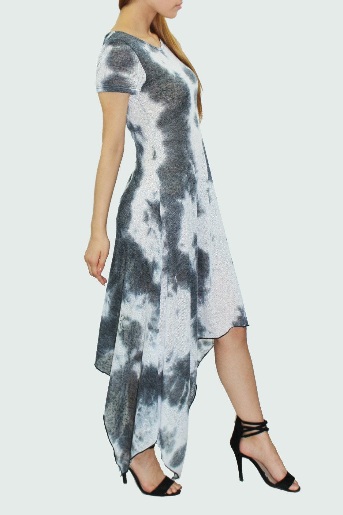Black short sleeve tie dye print dress by Yellow Hera, showcasing a casual clothing style with vibrant, colorful patterns.