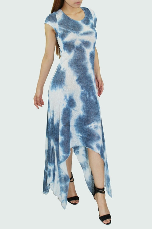 Blue short sleeve tie dye print dress by Yellow Hera, casual clothing with vibrant, swirling tie dye pattern.