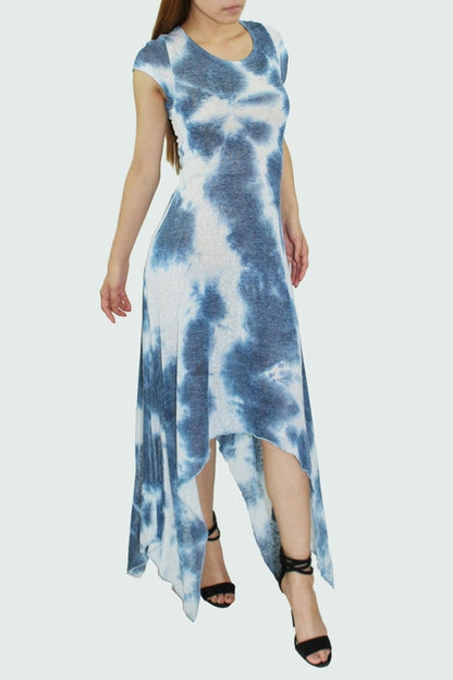 Blue short sleeve tie dye print dress by Yellow Hera, casual clothing with vibrant, swirling tie dye pattern.