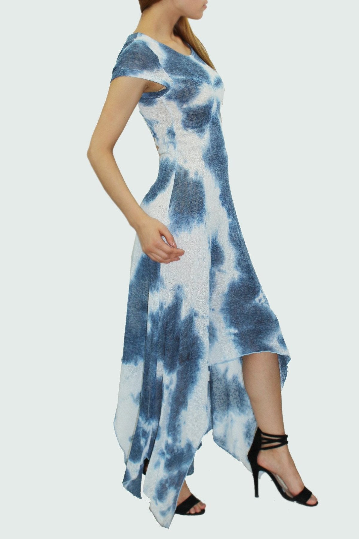 Blue short sleeve tie-dye print dress by Yellow Hera, casual clothing with vibrant, colorful pattern and comfortable fit.