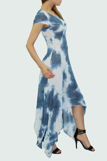Blue short sleeve tie-dye print dress by Yellow Hera, casual clothing with vibrant, colorful pattern and comfortable fit.