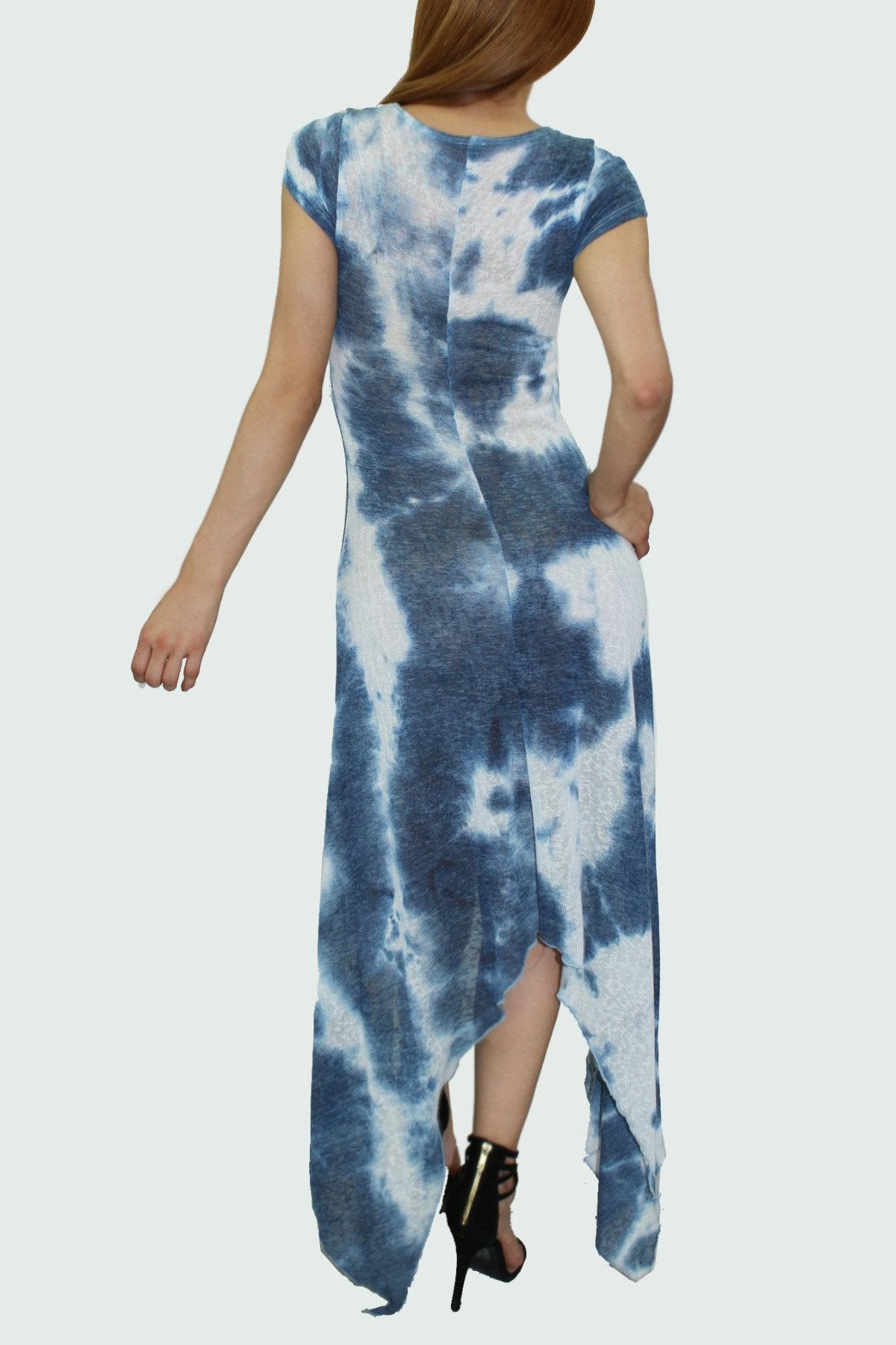 Blue short sleeve tie dye print dress by Yellow Hera, casual clothing with vibrant, colorful pattern, and comfortable fit.