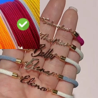 Colorful Rope Chain Bracelet with custom name in pink, personalized jewelry by Pink Lucky for women, detailed close-up.