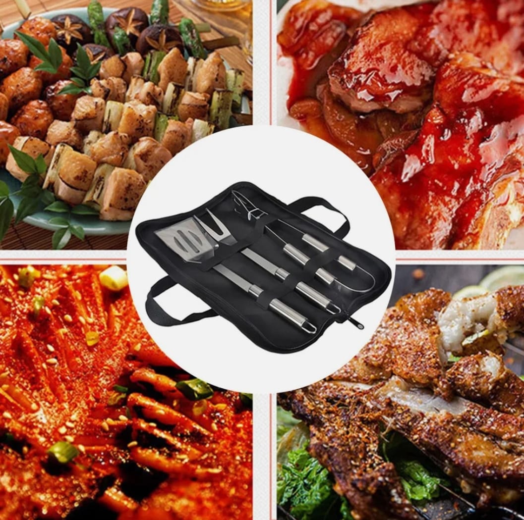 Three stainless steel BBQ grill utensils set including tongs, spatula, and fork from Yellow Pandora for outdoor grilling.