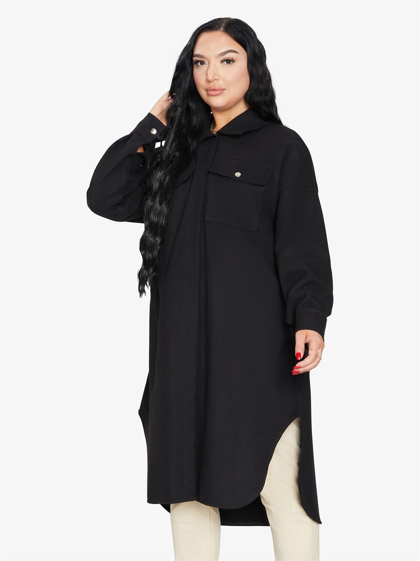 Oversized longline shacket by Rose Eleusis featuring a relaxed fit, button closure, and soft fabric in a neutral color.