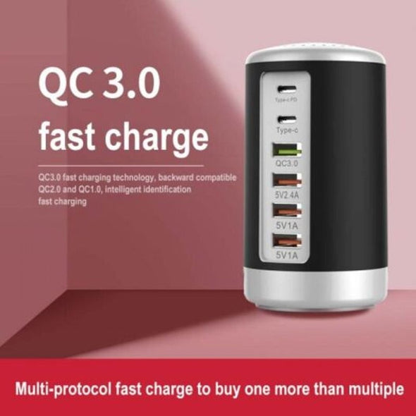 Maroon Asteria 6-port cylindrical adapter with 65W fast charging for mobile devices and laptops, compact high-power accessory.