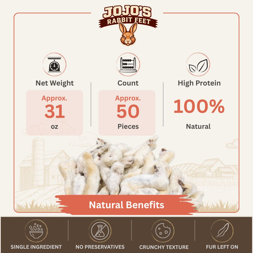 Start2Finish rabbit feet with fur dog treats, 50-piece natural single-ingredient pet chews in a 5L bucket, suitable for dogs.