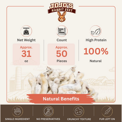 Start2Finish rabbit feet with fur dog treats, 50-piece natural single-ingredient pet chews in a 5L bucket, suitable for dogs.