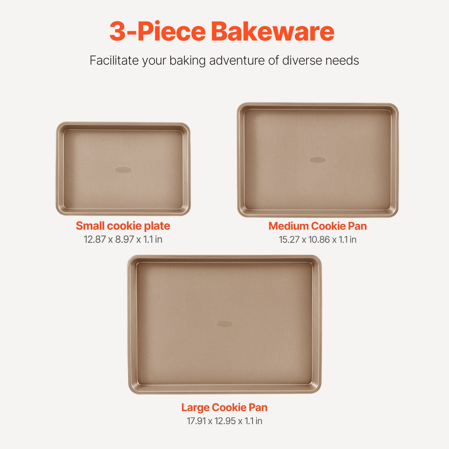 Start2Finish VEVOR 3-piece nonstick baking pans set with stackable carbon steel trays and silicone handles for baking cookies, cakes, muffins.