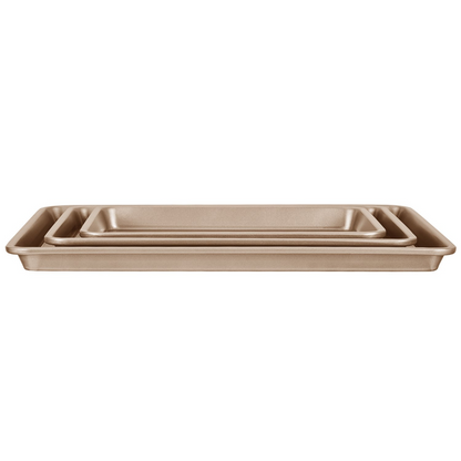 Start2Finish VEVOR 3-piece nonstick baking pans set with stackable carbon steel sheets, silicone handles, ideal for baking cookies and cakes.