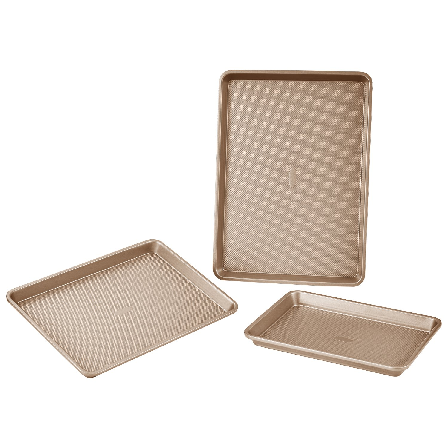 Start2Finish VEVOR 3-piece nonstick baking pans set with stackable carbon steel trays and silicone handles for baking cookies, cakes, and muffins.