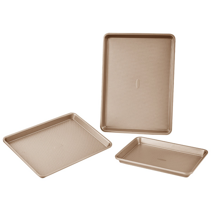 Start2Finish VEVOR 3-piece nonstick baking pans set with stackable carbon steel trays and silicone handles for baking cookies, cakes, and muffins.