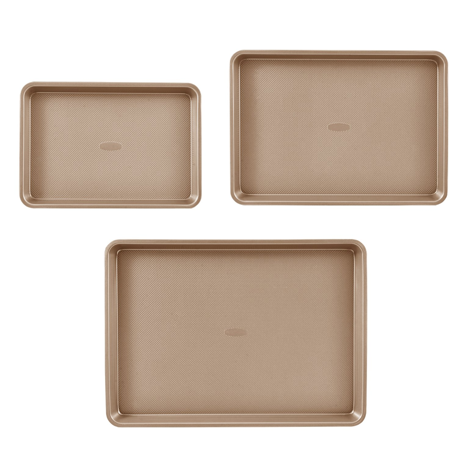 Start2Finish VEVOR 3-piece nonstick carbon steel baking pans set with silicone handles, stackable trays for cookies, cakes, muffins, and bread.