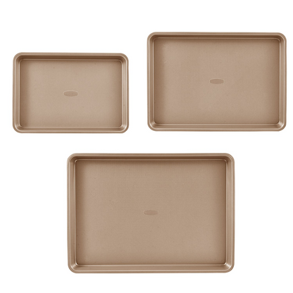 Start2Finish VEVOR 3-piece nonstick carbon steel baking pans set with silicone handles, stackable trays for cookies, cakes, muffins, and bread.