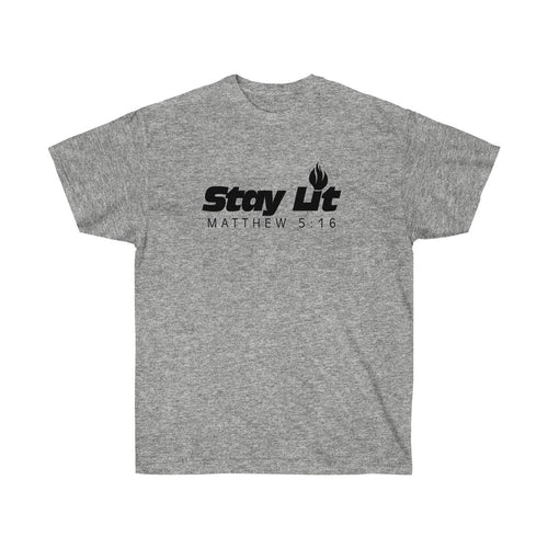 Unisex Stay Lit T-shirt by Olive Dionysus featuring Matthew 5:16 religious scripture, casual crew neck design.