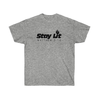 Unisex Stay Lit T-shirt by Olive Dionysus featuring Matthew 5:16 religious scripture, casual crew neck design.