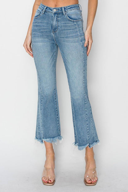 Carmine Juneberry RISEN high rise flare jeans with frayed hem, full size, light wash denim, and classic jean stitching.