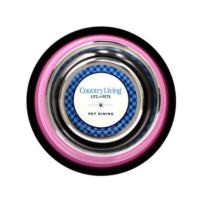 Start2Finish Country Living set of 2 pink ribbed non-slip pet bowls for dogs and cats on a white background.