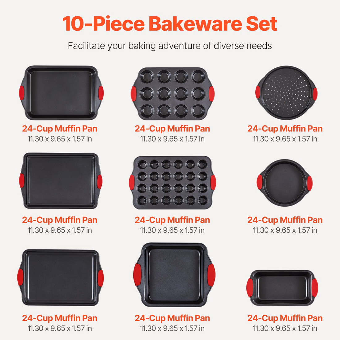 Start2Finish VEVOR 10-piece baking pans set includes nonstick carbon steel sheets and trays with silicone handles for baking.
