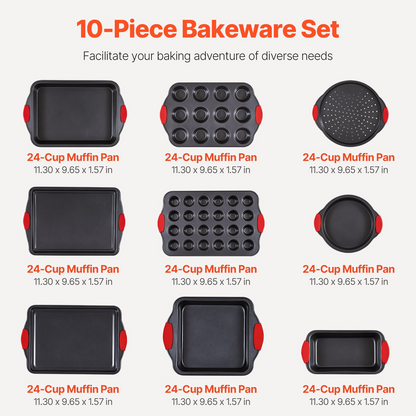 Start2Finish VEVOR 10-piece baking pans set includes nonstick carbon steel sheets and trays with silicone handles for baking.