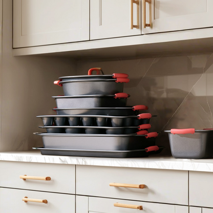Start2Finish VEVOR 10-piece nonstick carbon steel baking pans set with stackable trays and silicone handles for baking cookies, cakes, muffins.