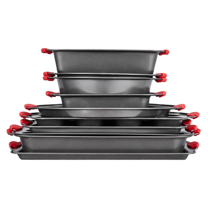 Start2Finish VEVOR 10-piece nonstick carbon steel baking pans set with stackable trays and silicone handles for baking cookies, cakes, and muffins.