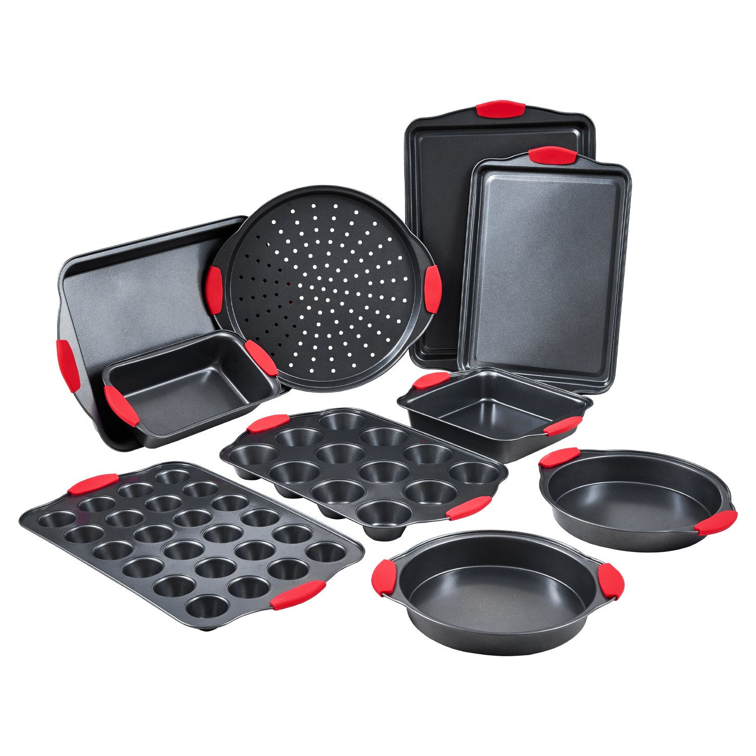 Start2Finish VEVOR 10-piece nonstick baking pans set with stackable carbon steel sheets and silicone handles for oven baking.