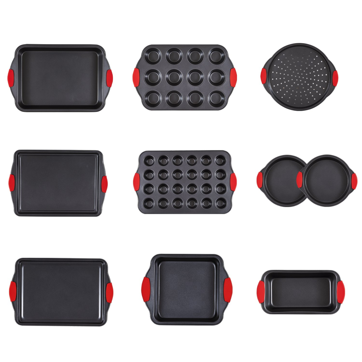 10-piece VEVOR nonstick baking pans set with stackable carbon steel trays, silicone handles, ideal for baking cookies, cakes, muffins, and bread