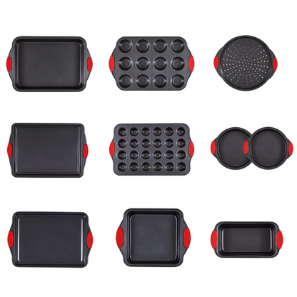 10-piece VEVOR nonstick baking pans set with stackable carbon steel trays, silicone handles, ideal for baking cookies, cakes, muffins, and bread