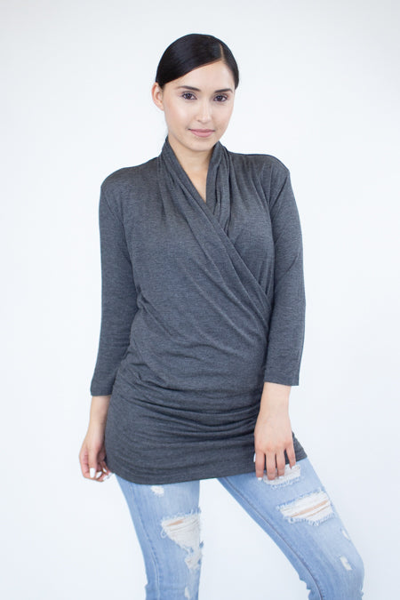 Yellow Hera front warp solid top, stylish clothing piece in soft fabric with a round neckline and short sleeves.