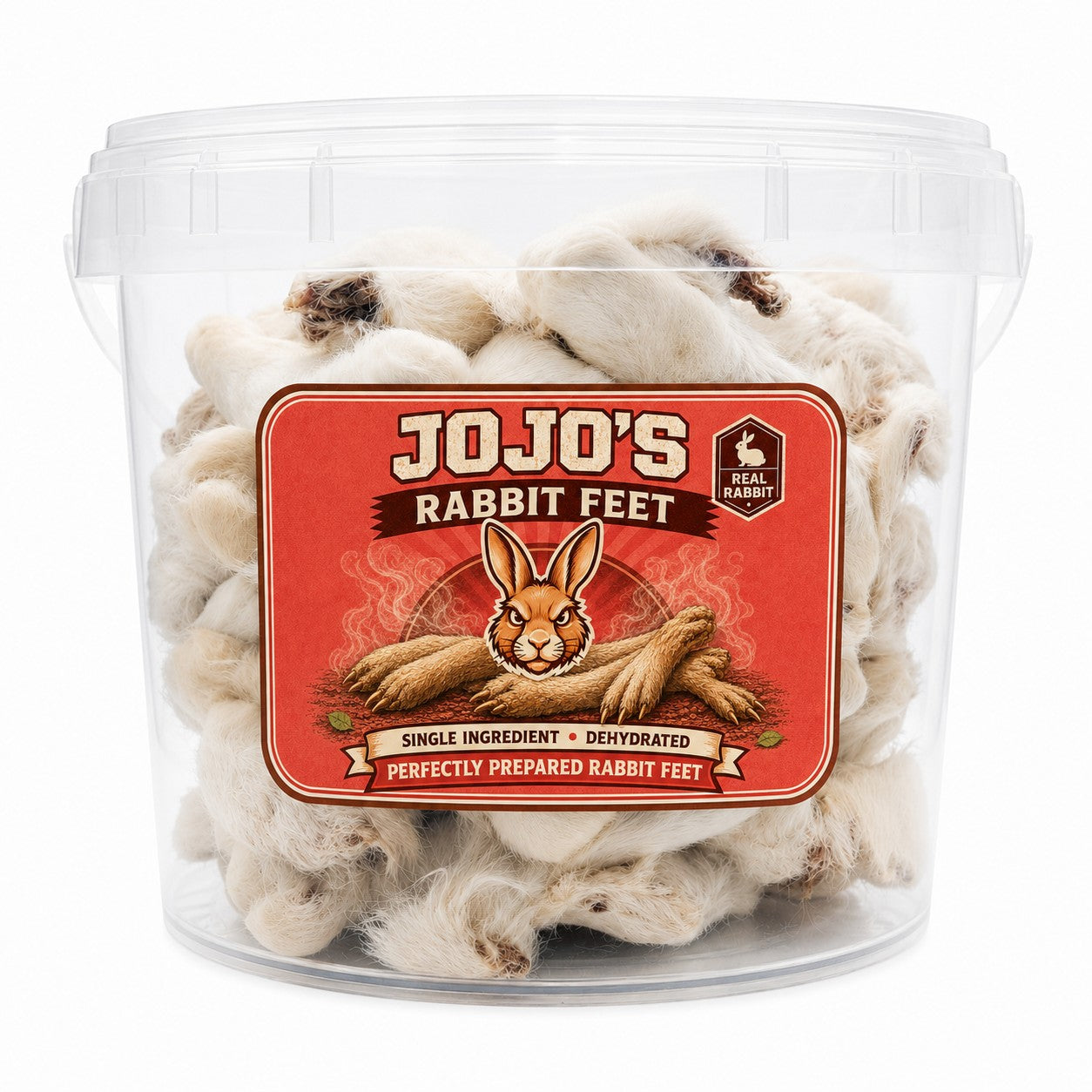 Start2Finish rabbit feet with fur dog treats in a 50-piece bucket, natural single-ingredient chews for dogs.