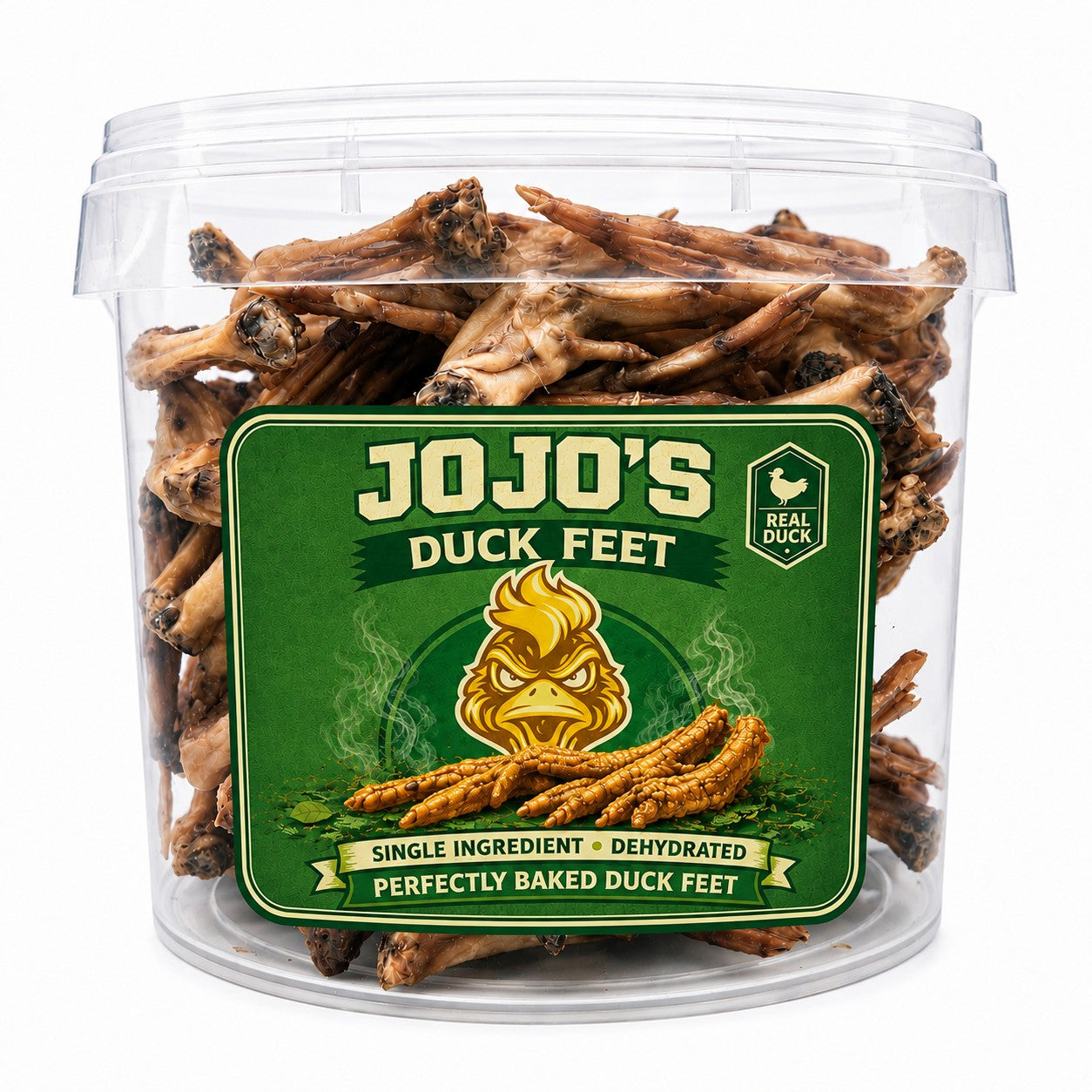 Start2Finish Duck Feet Dog Treats in a 5L bucket, natural high-protein single ingredient chews, 80 pieces for dogs.