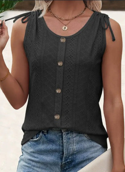 Pear Daisy eyelet button front tank top, casual sleeveless summer top with eyelet details, perfect for warm weather wear.