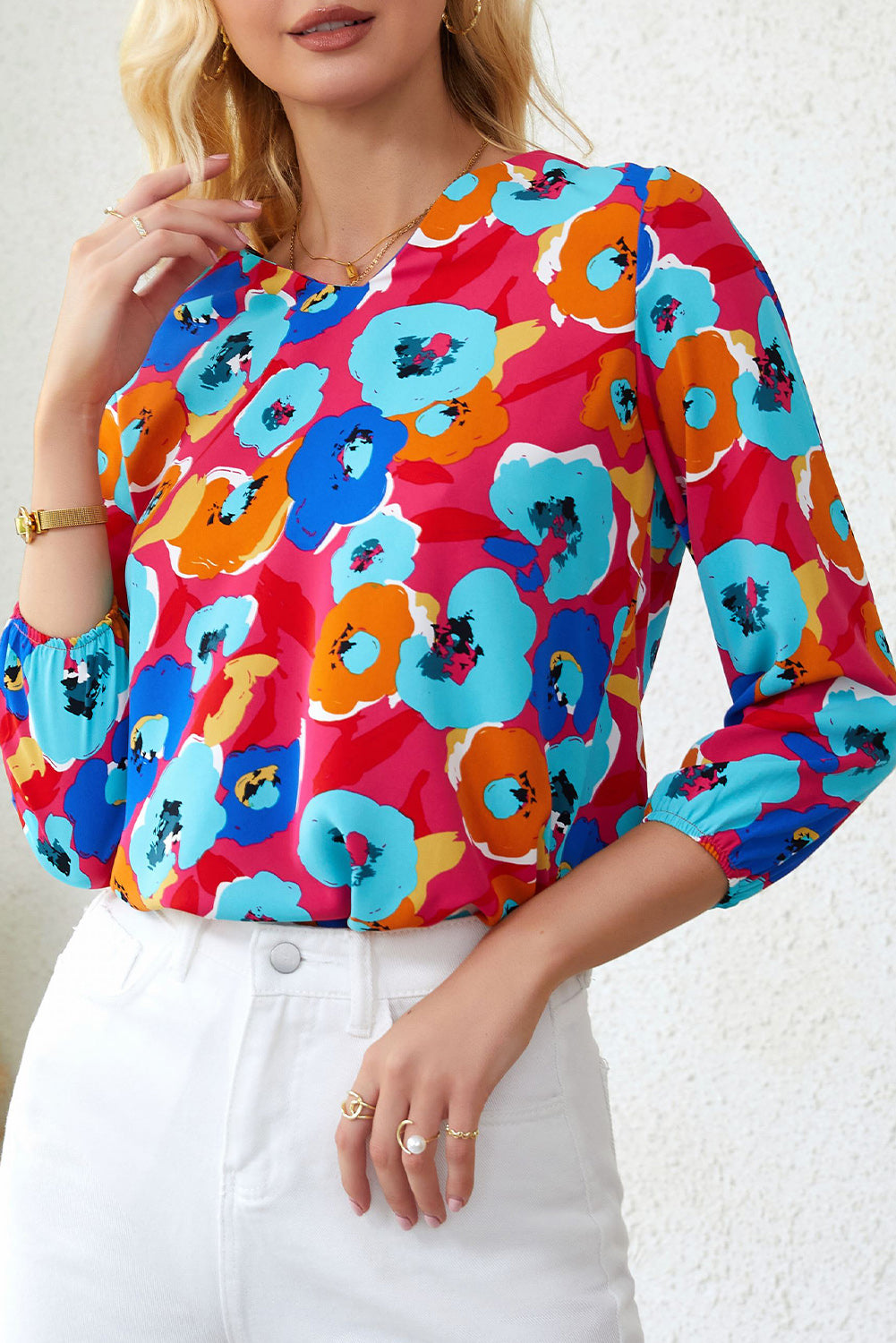 Carmine Juneberry floral print V-neck blouse with multicolor roses and 3/4 sleeves, designed for stylish tops and blouses.