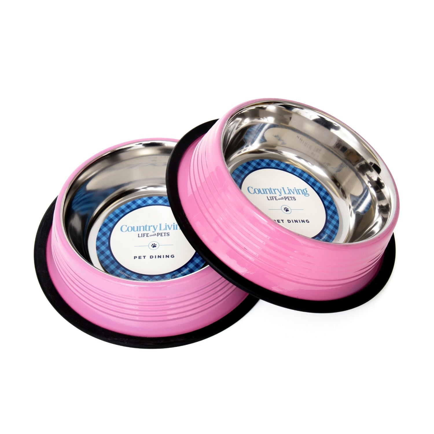 Start2Finish Country Living set of 2 pink ribbed non-slip pet bowls for dogs or cats, with textured exterior and stable base.