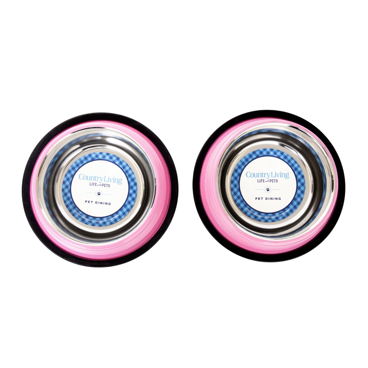 Start2Finish Country Living set of 2 ribbed pink non-slip pet bowls for food and water, with textured surfaces and stable bases.